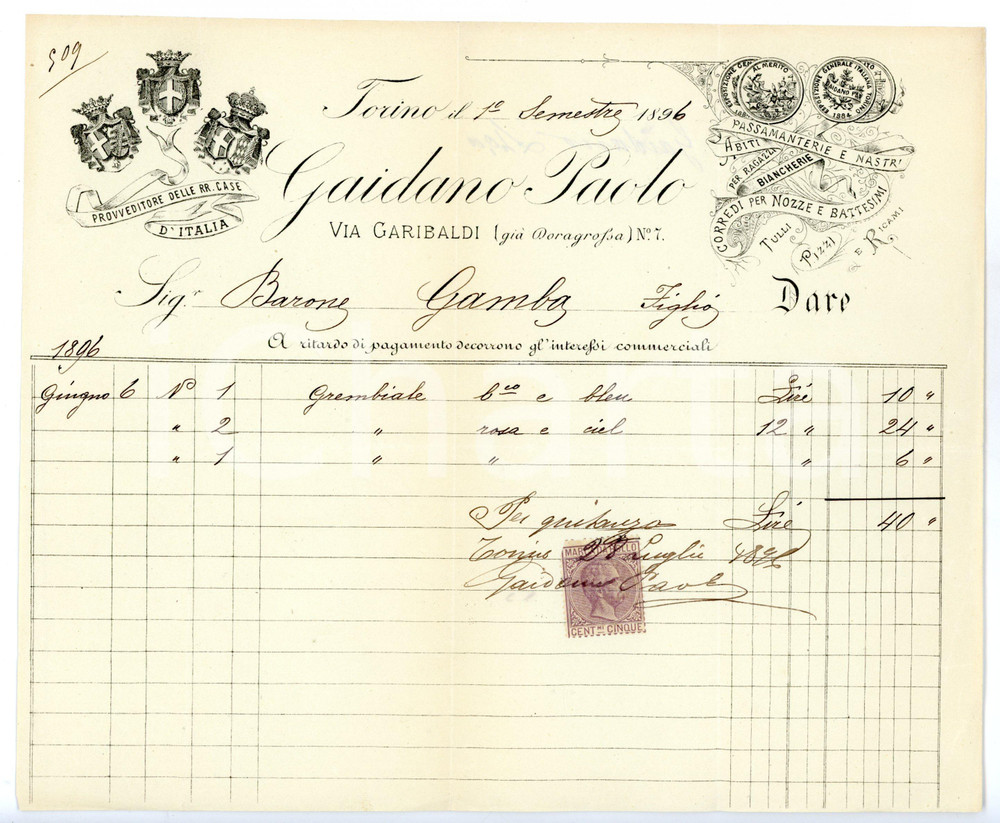Documento originale, autentico 1896 TORINO Via Garibaldi  Paolo GAIDANO Passamanerie e nastri Fattura 1