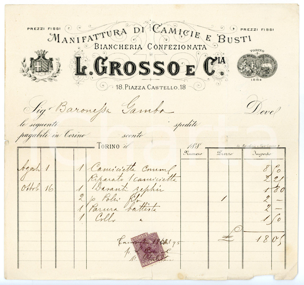 Documento originale, autentico 1895 TORINO Piazza Castello  L. GROSSO Manifattura camicie Fattura intestata 1