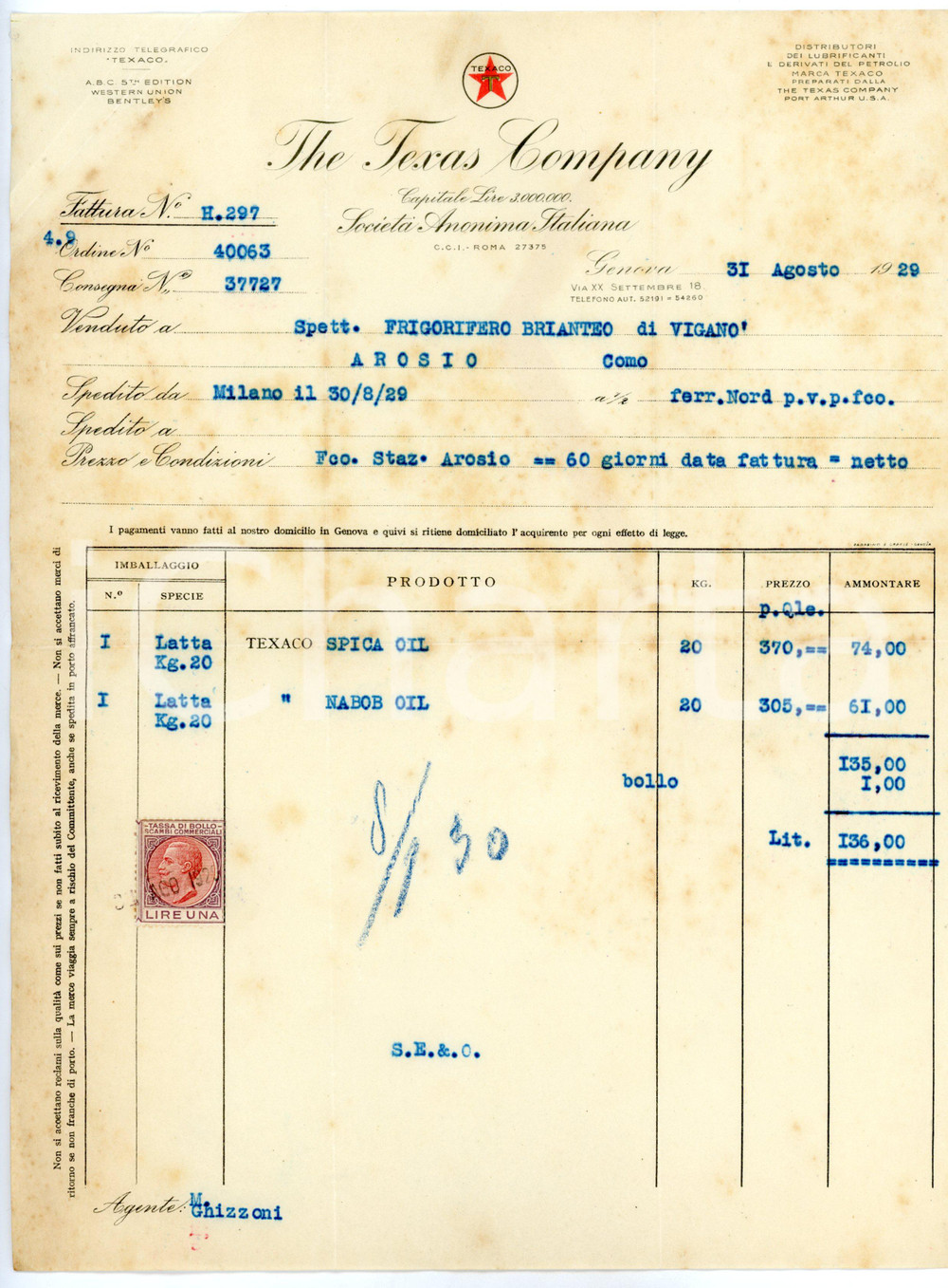 Documento originale, autentico 1929 GENOVA  TEXACO The Texas Company Fattura intestata con marca da bollo 1