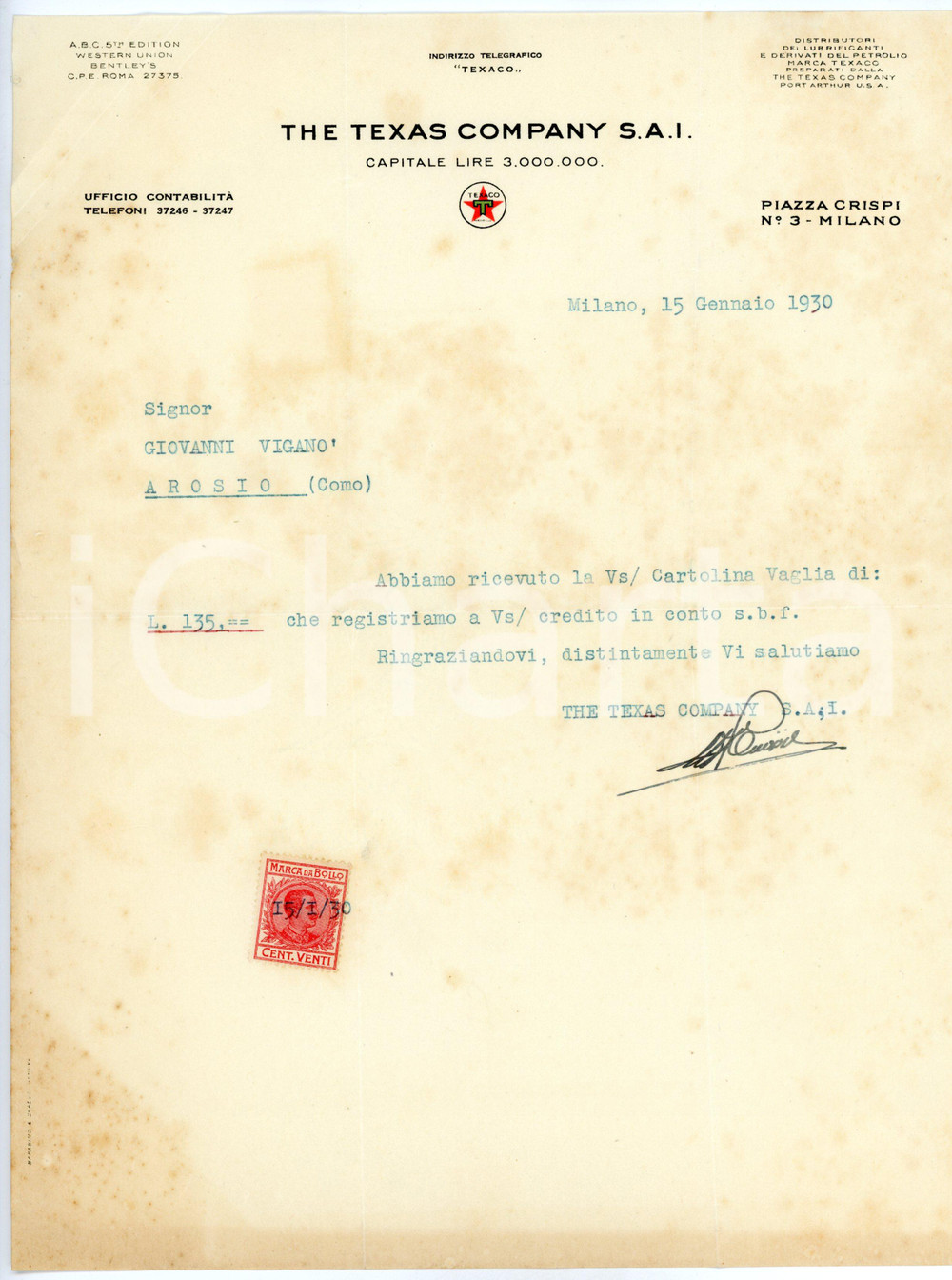 Documento originale, autentico 1930 MILANO  TEXACO The Texas Company  Ricevuta vaglia Lettera intestata 1