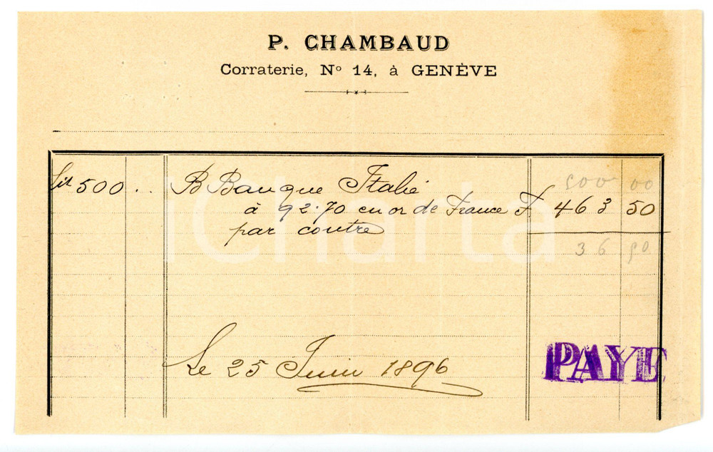 Documento originale, autentico 1896 GENEVE Rue de la Corraterie  P. CHAMBAUD  Fattura su carta intestata 1