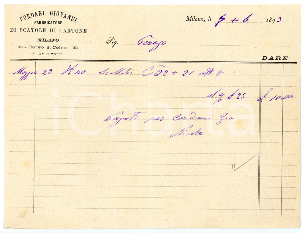 Documento originale, autentico 1893 MILANO Corso San Celso  Giovanni CORDANI Fabbricatore di scatole Fattura 1