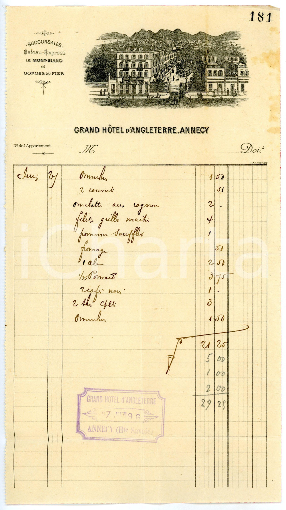 1896 ANNECY (F) Grand Hotel d'Angleterre *Fattura su carta intestata Ricevuta d'epoca su carta intestata.CONDIZIONI: FAIR (piegature d'epoca e macchia al margine destro)FORMATO: 15x27 cm     originale e autentica 1