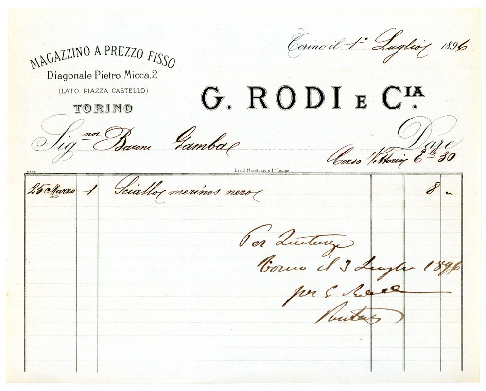 1896 TORINO Via Pietro Micca - G. RODI Sartoria *Fattura su carta intestata Fattura su carta intestata.CONDIZIONI: FAIR (piegature d'epoca)FORMATO: 22x18 cm     originale e autentica 1