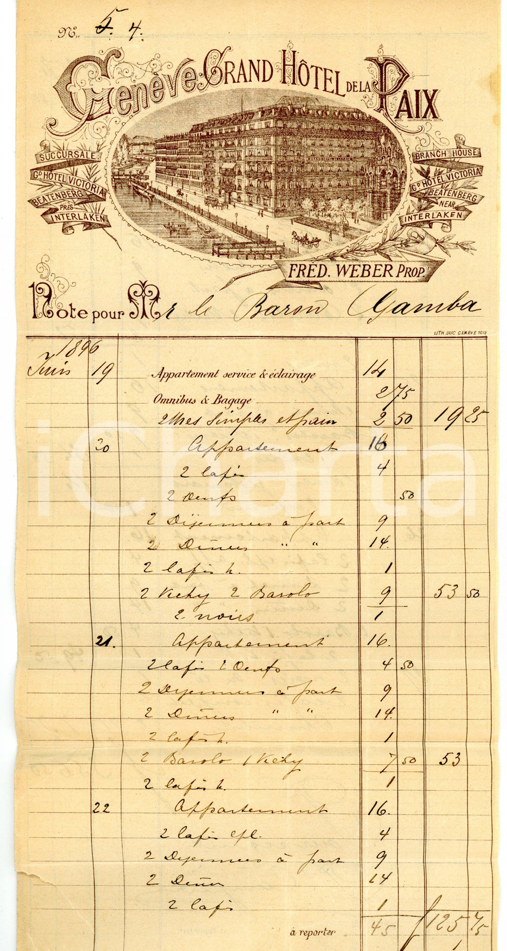 1896 GENEVE Grand Hotel de la Paix - FrÃ©dÃ©ric WEBER PropriÃ©taire *Fattura Ricevuta d'epoca su carta intestata.CONDIZIONI: FAIR (piegature d'epoca; strappo all'angolo inferiore sinistro; forellini al margine superiore)FORMATO: 15x30 cmPAGINE: 4 (di cui una bianca)      originale e autentica 1