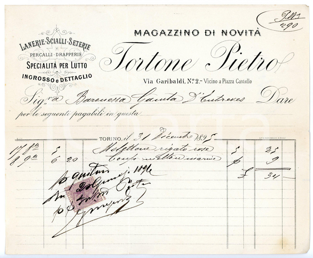 1895 TORINO Via Garibaldi - Filati Pietro TORTONE *Fattura su carta intestata Fattura su carta intestata, con marca da bollo.CONDIZIONI: FAIR (piegature d'epoca; strappetto al margine superiore)FORMATO: 22x18 cm     originale e autentica 1
