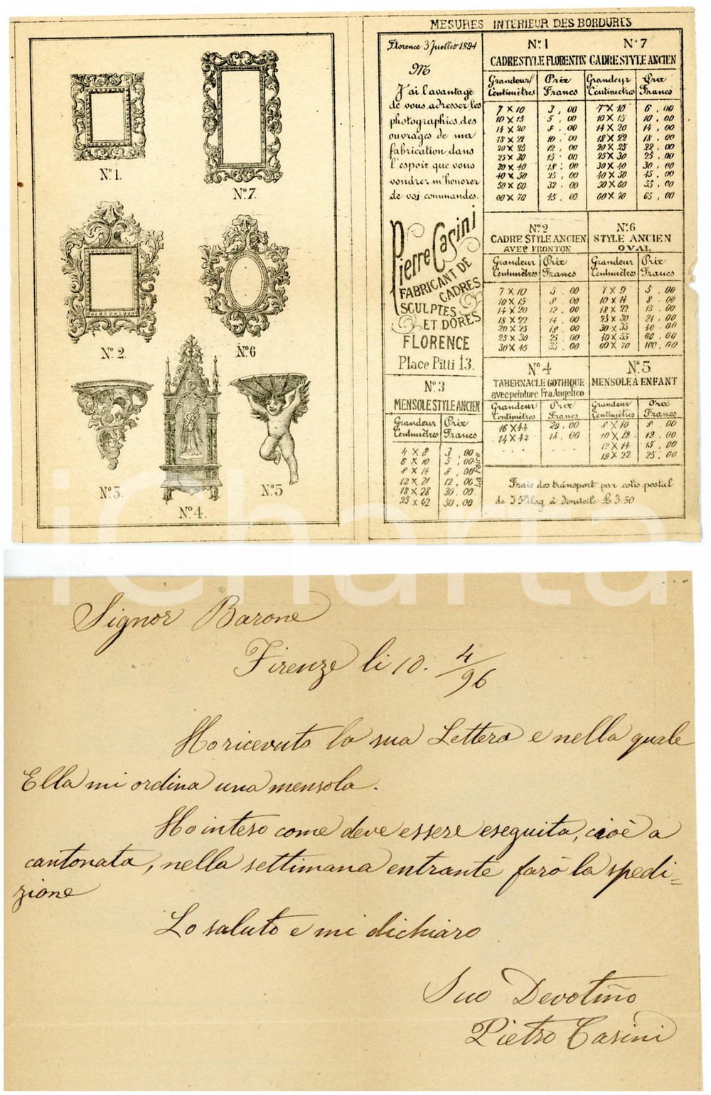 Documento originale, autentico 1896 FIRENZE Piazza Pitti  Pietro CASINI Fabricant de cadres  Listino prezzi 1