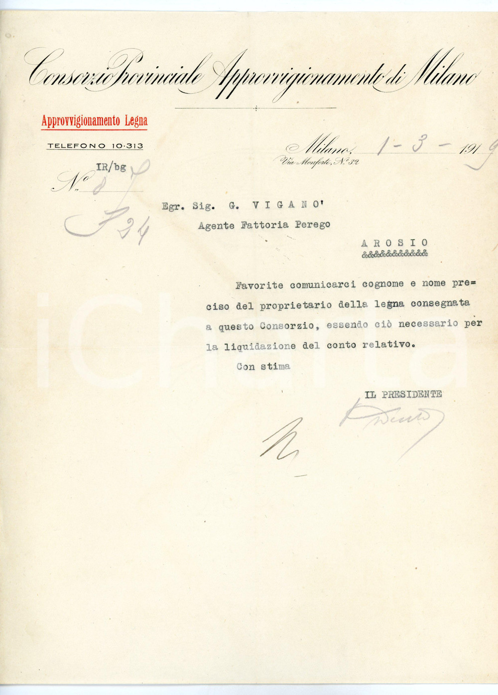 Documento originale, autentico 1919 MILANO Consorzio Provinciale Approvvigionamento Lettera su carta intestata 1