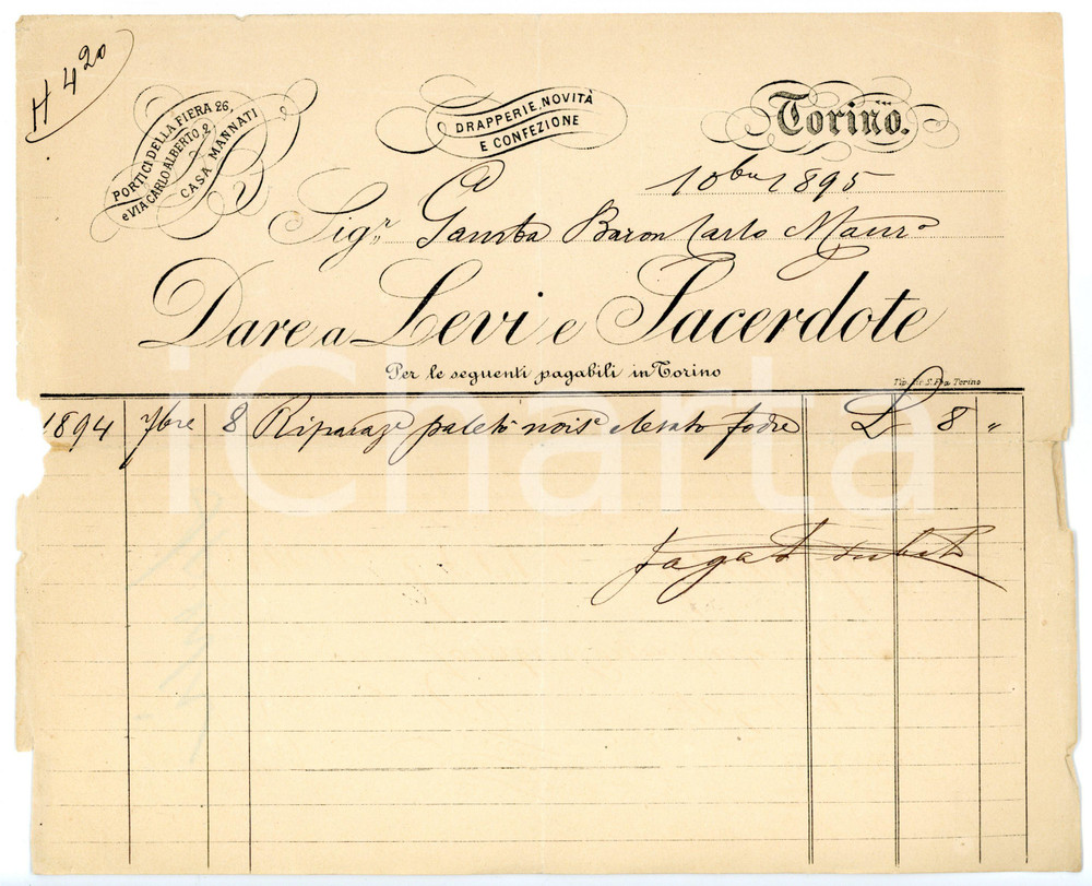 Documento originale, autentico 1895 TORINO Portici della Fiera  Drapperie LEVI & SACERDOTE Fattura intestata 1
