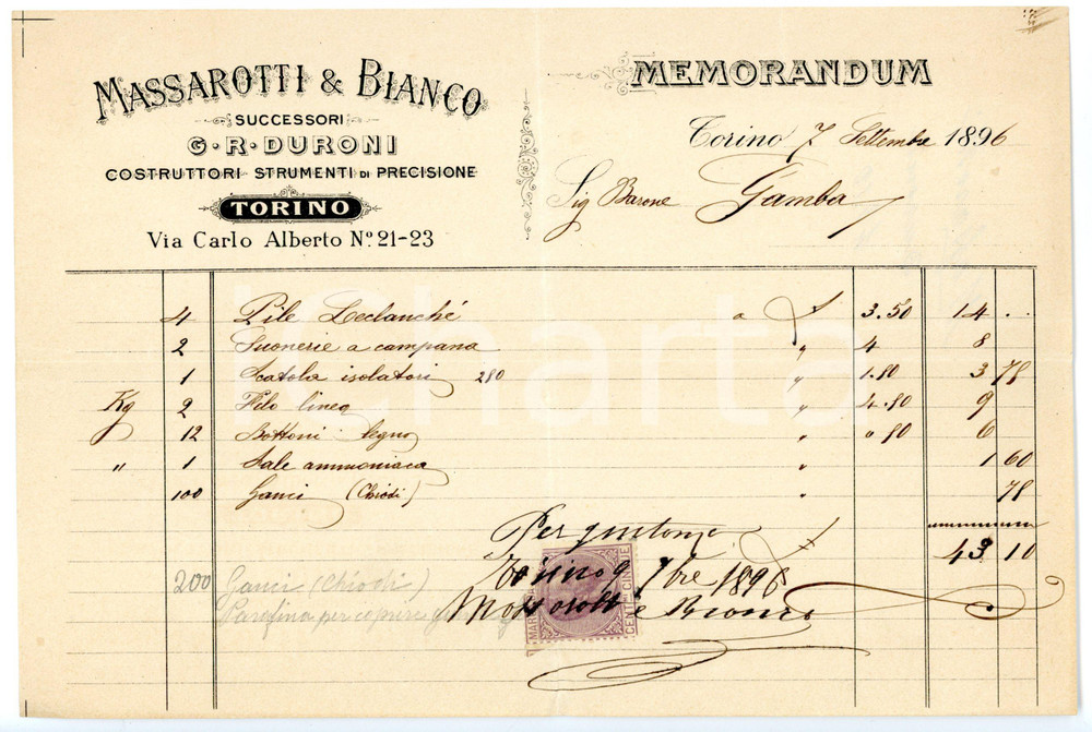 Documento originale, autentico 1896 TORINO  MASSAROTTI & BIANCO Strumenti di precisione Memorandum 1