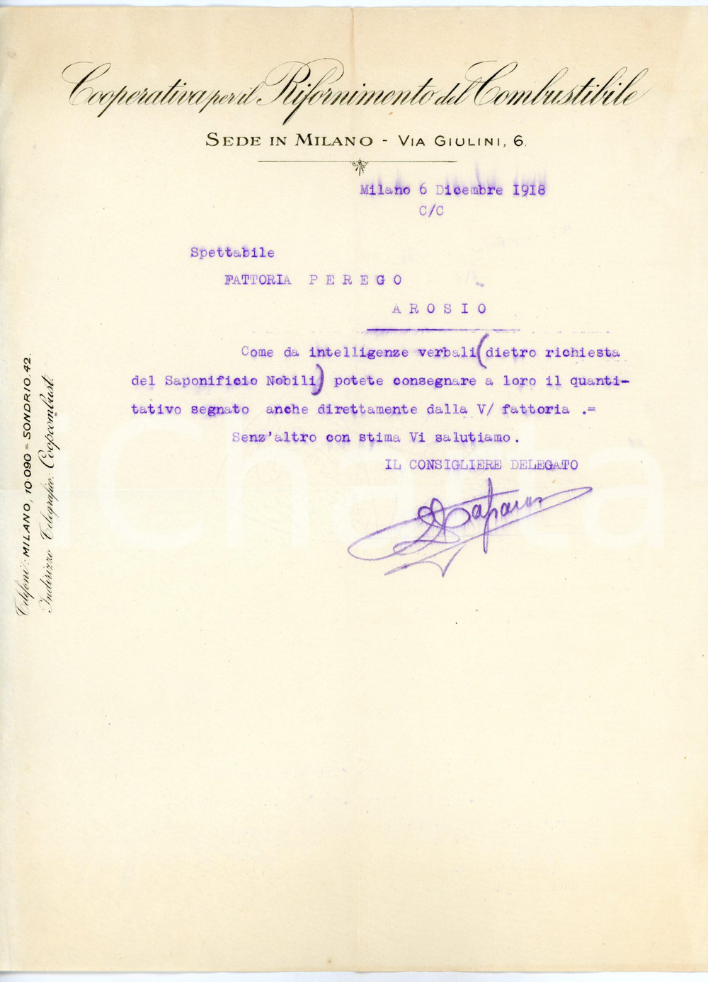 1918 MILANO Cooperativa per Rifornimento Combustibile *Lettera intestata Lettera dattiloscritta su carta intestata.CONDIZIONI: FAIR (piegature d'epoca)FORMATO: 21x28 cm     originale e autentica 1