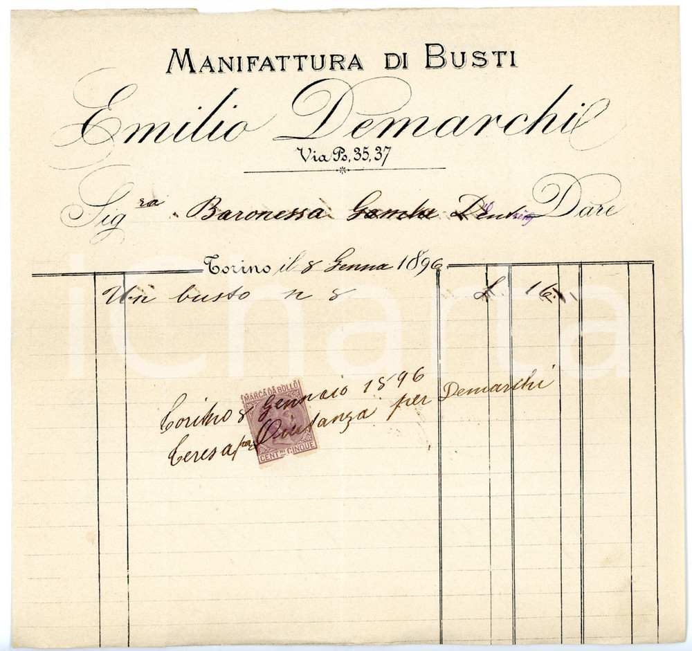 Documento originale, autentico 1896 TORINO Via Po  Emilio DEMARCHI Manifattura di busti Fattura intestata 1