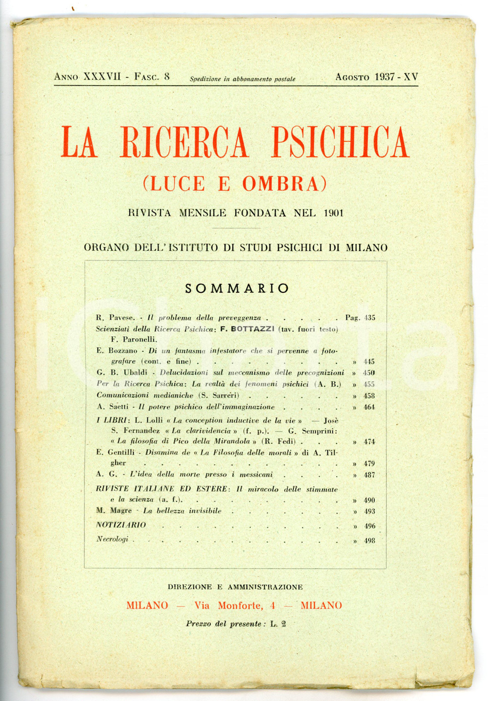 Giornale, rivista storica 1937 LA RICERCA PSICHICA L idea della morte presso i messicani Rivista fasc. 8 1