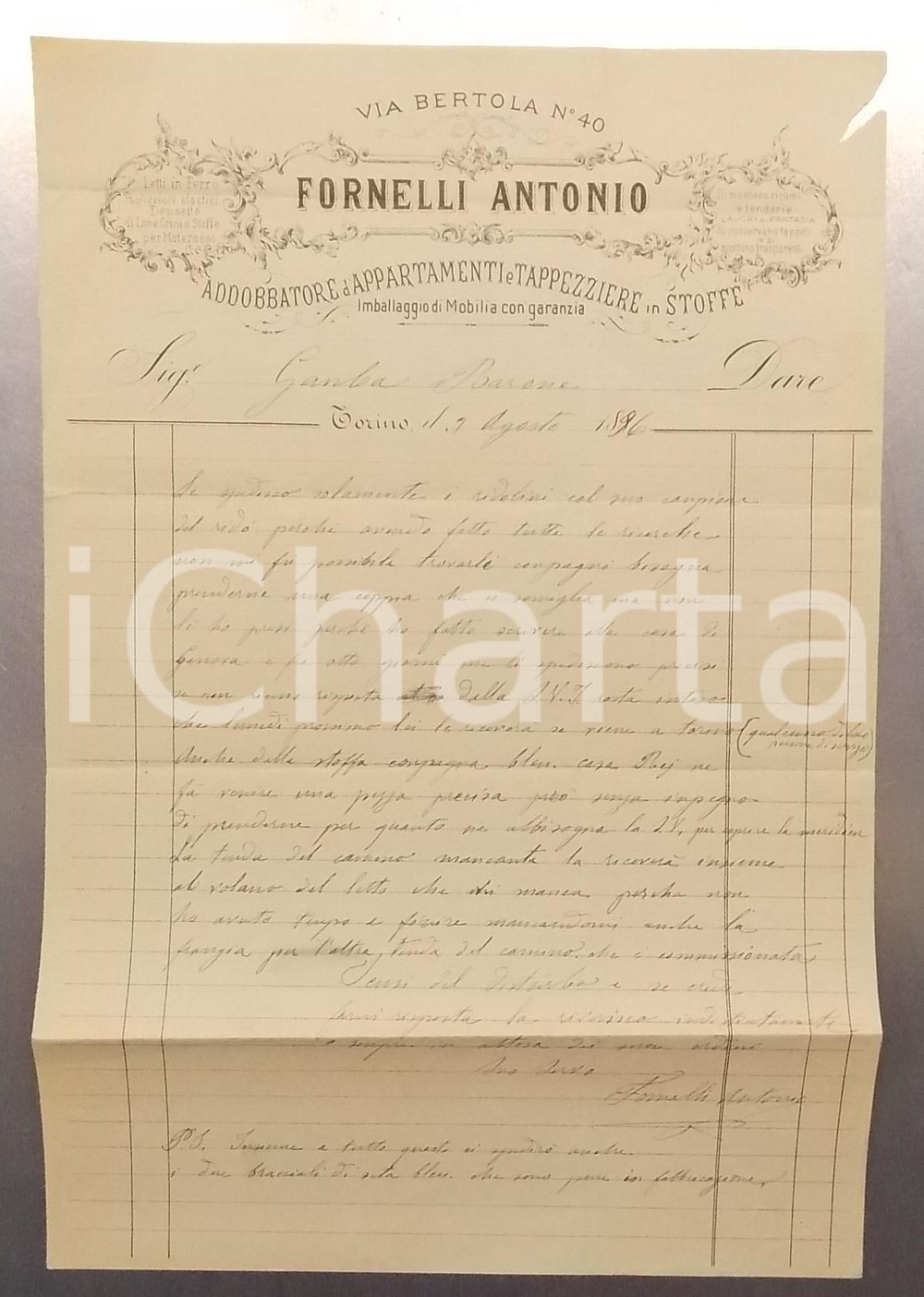 Documento originale, autentico 1896 TORINO Via Bertola  Antonio FORNELLI Tappezziere  Fattura intestata 1