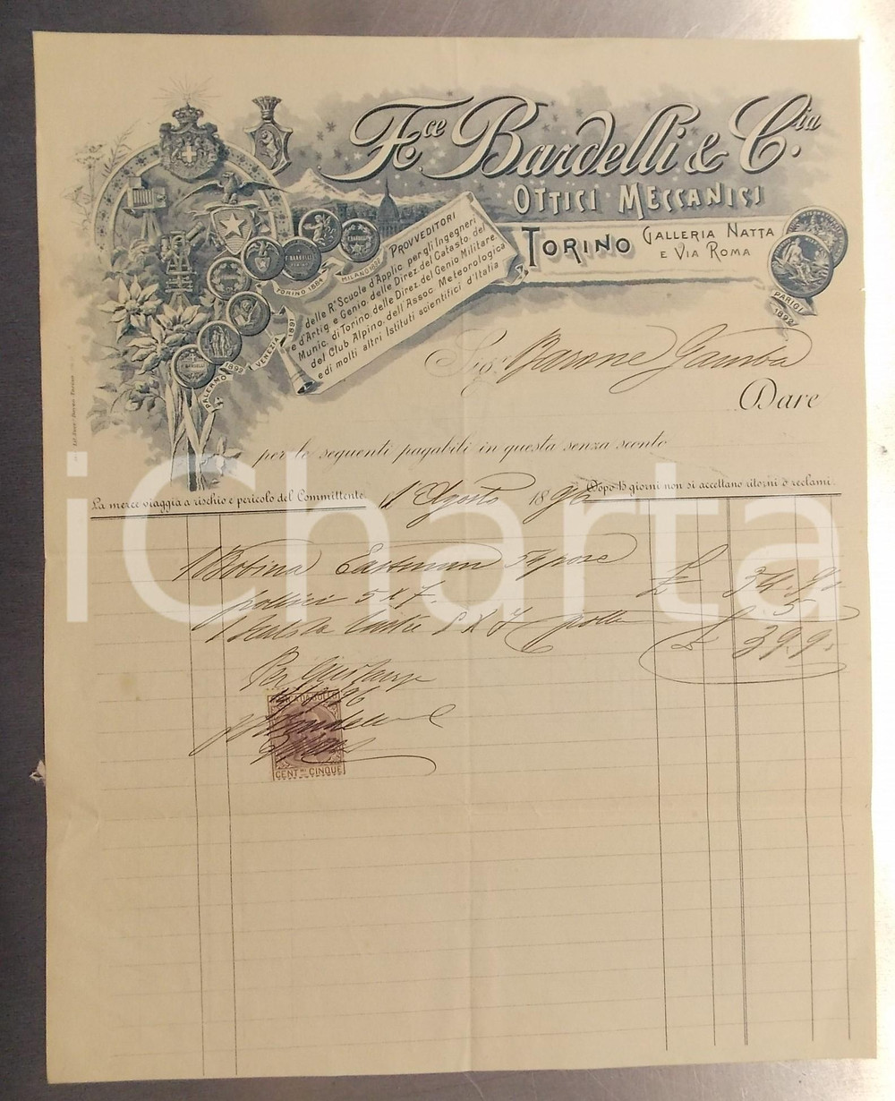 1896 TORINO Galleria Natta - Ottico Felice BARDELLI & Co. *Fattura intestata Fattura su carta intestata, con marca da bollo.CONDIZIONI: FAIR (piegature d'epoca)FORMATO: 22x27 cm      originale e autentica 1