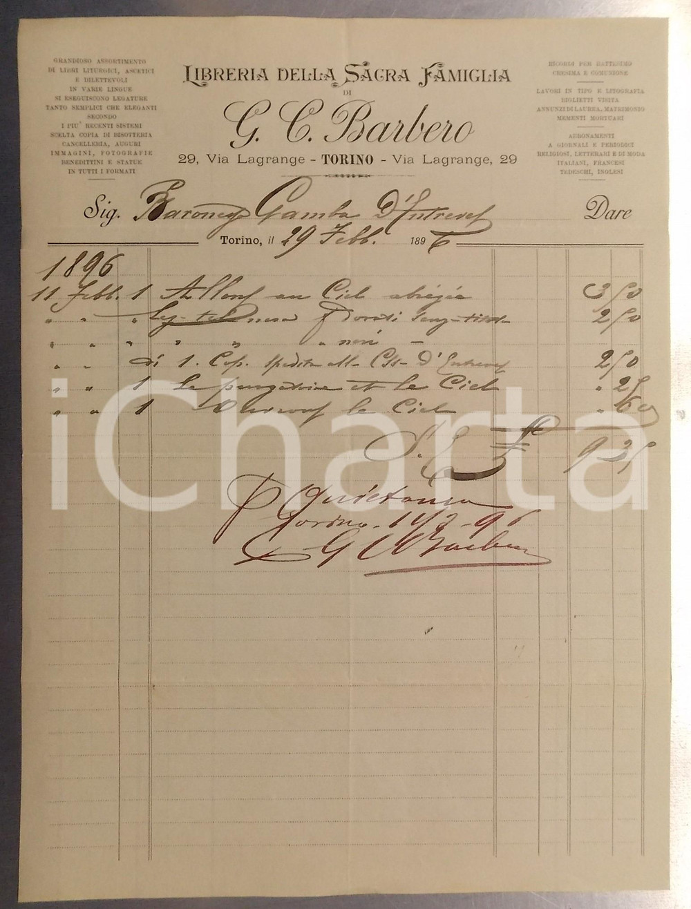 Documento originale, autentico 1896 TORINO Via Lagrange  G. C. BARBERO Libreria della Sacra Famiglia Fattura 1