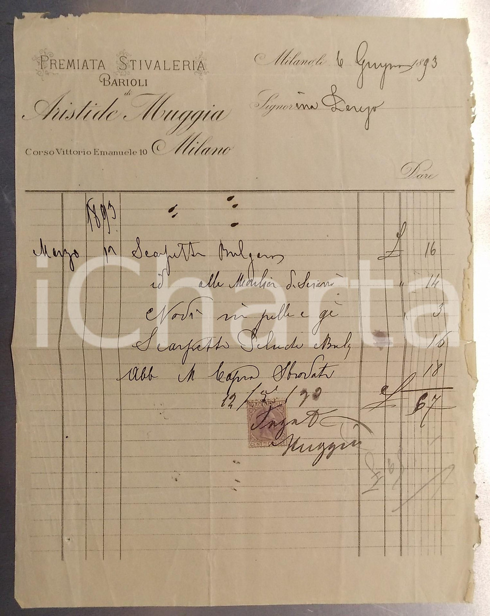 Documento originale, autentico 1893 MILANO Premiata stivaleria BARIOLI di Aristide MUGGIA Fattura intestata 1