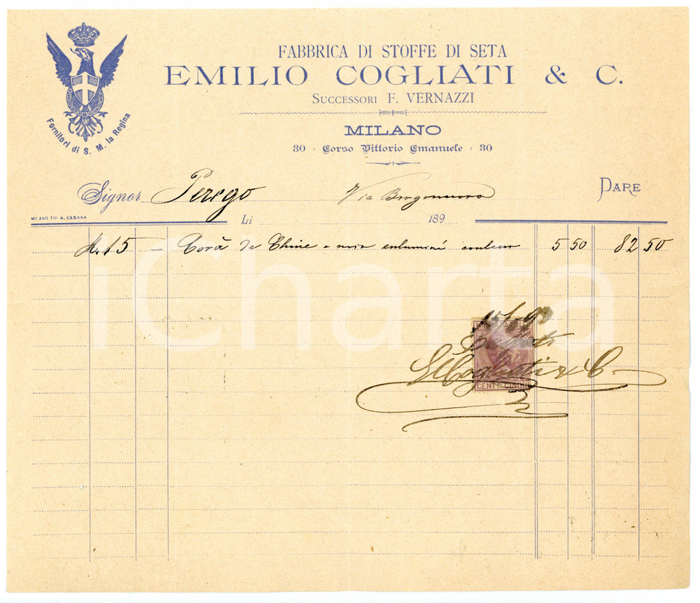 Documento originale, autentico 1893 MILANO Corso Vittorio Emanuele  Emilio COGLIATI Fabbrica di stoffe FATTURA 1
