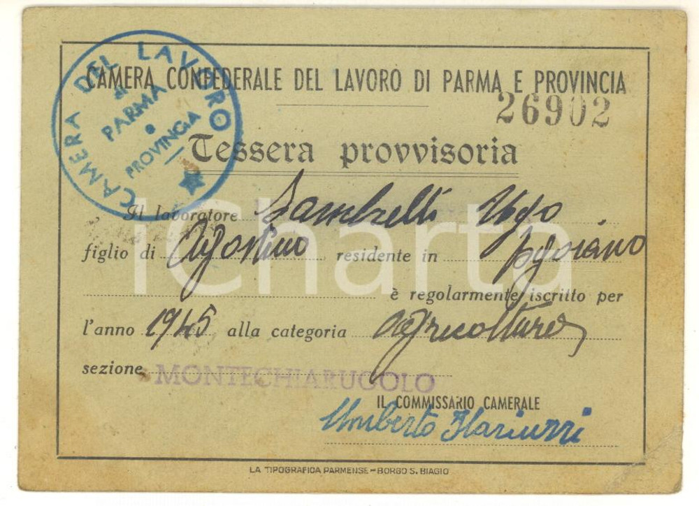 1945 MONTECHIARUGOLO Camera Confederale del Lavoro di Parma - Tessera con bolli