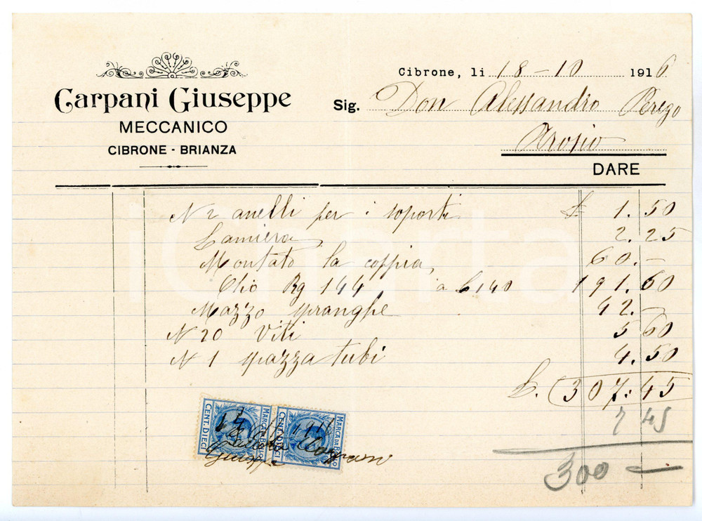 Documento originale, autentico 1916 NIBIONNO  CIBRONE Meccanico Giuseppe CARPANI Fattura su carta intestata 1