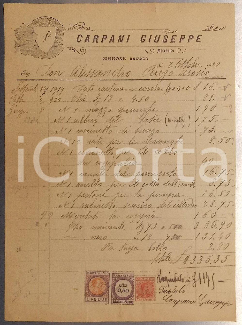 Documento originale, autentico 1920 NIBIONNO  CIBRONE Meccanico Giuseppe CARPANI Fattura con marche da bollo 1