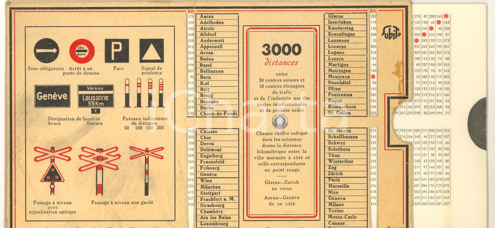 Materiale pubblicitario d’epoca 1940 ca AUTOMOBILISMO ZURICH 3000 distanze  Cartoncino pubblicitario 1