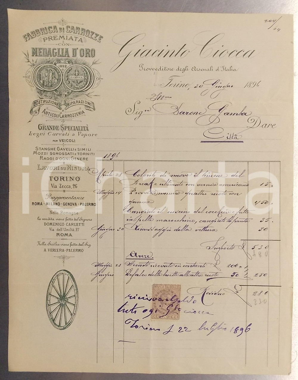 1896 TORINO Giacinto CIOCCA Premiata fabbrica di carrozze *Fattura intestata Fattura su carta intestata, con marca da bollo.CONDIZIONI: FAIR (piegature d'epoca)FORMATO: 23x29 cm      originale e autentica 1
