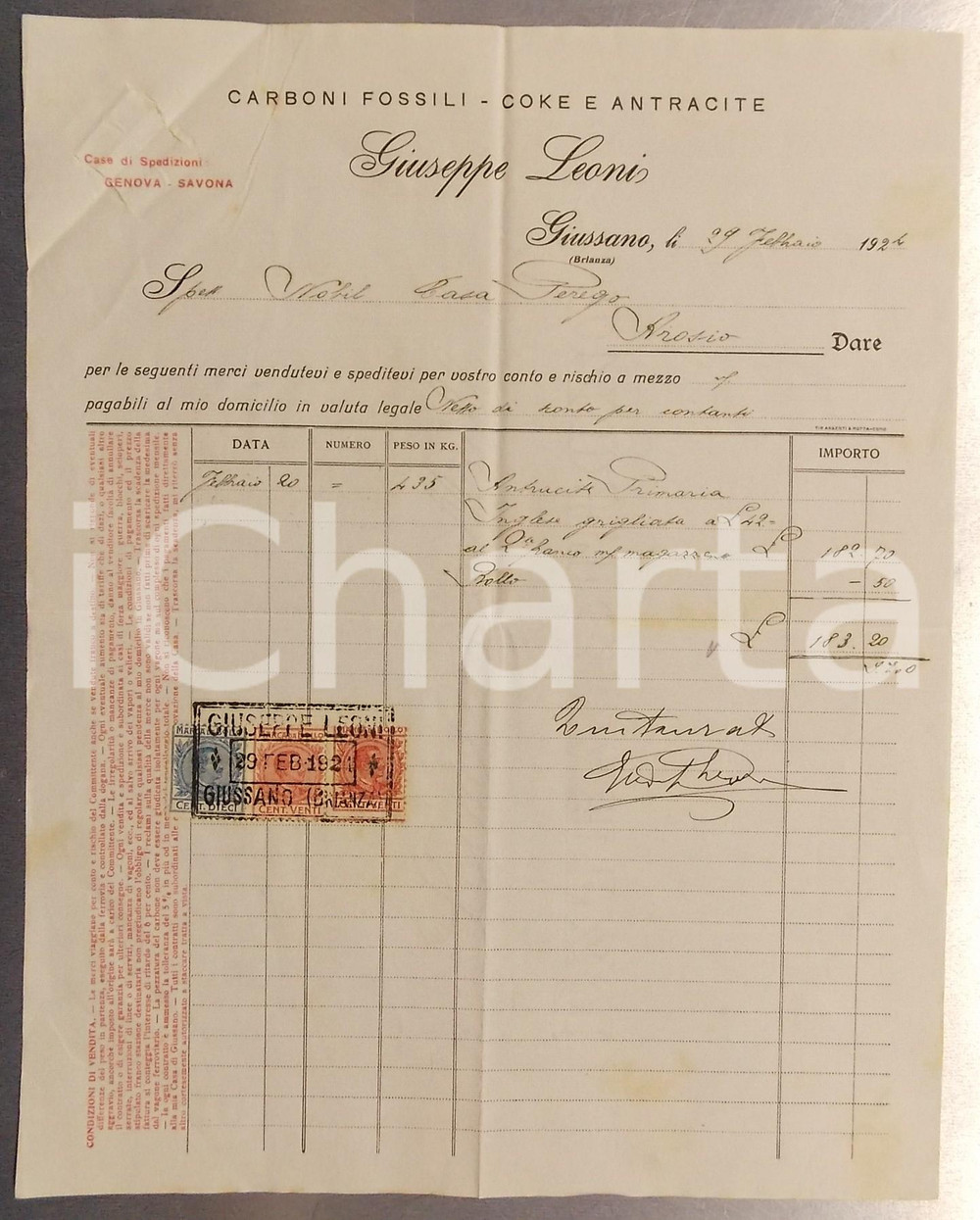 1924 GIUSSANO Giuseppe LEONI Carboni fossili *Fattura intestata con marche  Fattura su carta intestata, con marche da bollo.CONDIZIONI: POOR (piegature d'epoca; strappi e piegatura all'angolo superiore sinistro)FORMATO: 23x29 cm      originale e autentica 1