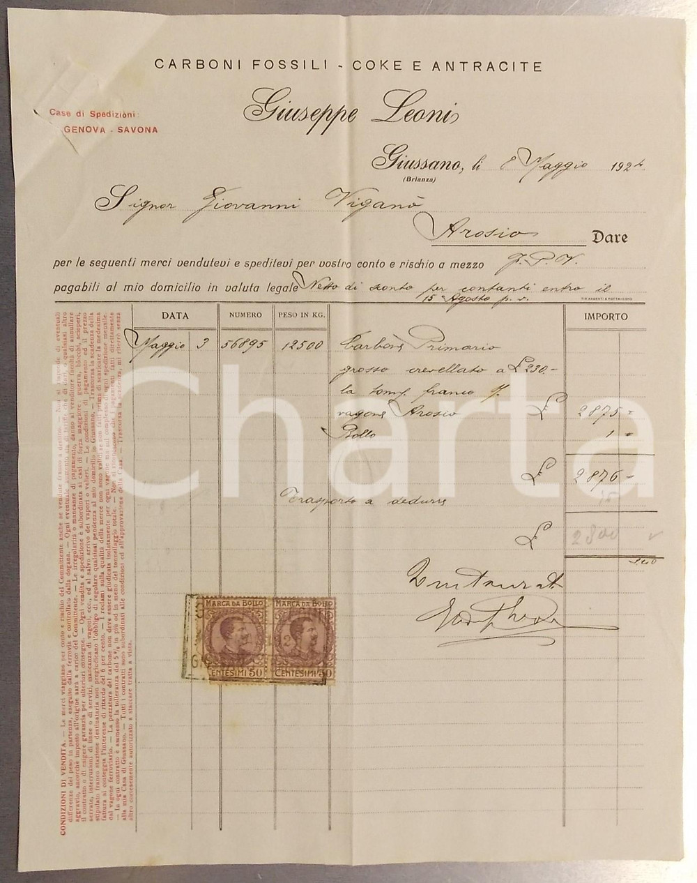 Documento originale, autentico 1924 GIUSSANO Giuseppe LEONI Carboni fossili  Fattura con marche da bollo 1