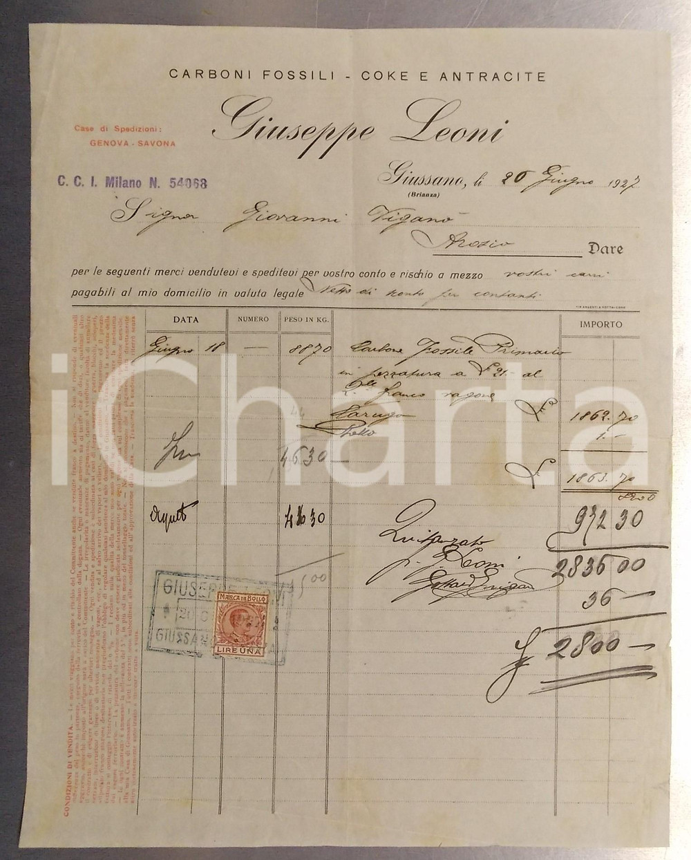 Documento originale, autentico 1927 GIUSSANO Giuseppe LEONI Carboni fossili Fattura intestata con marche 1