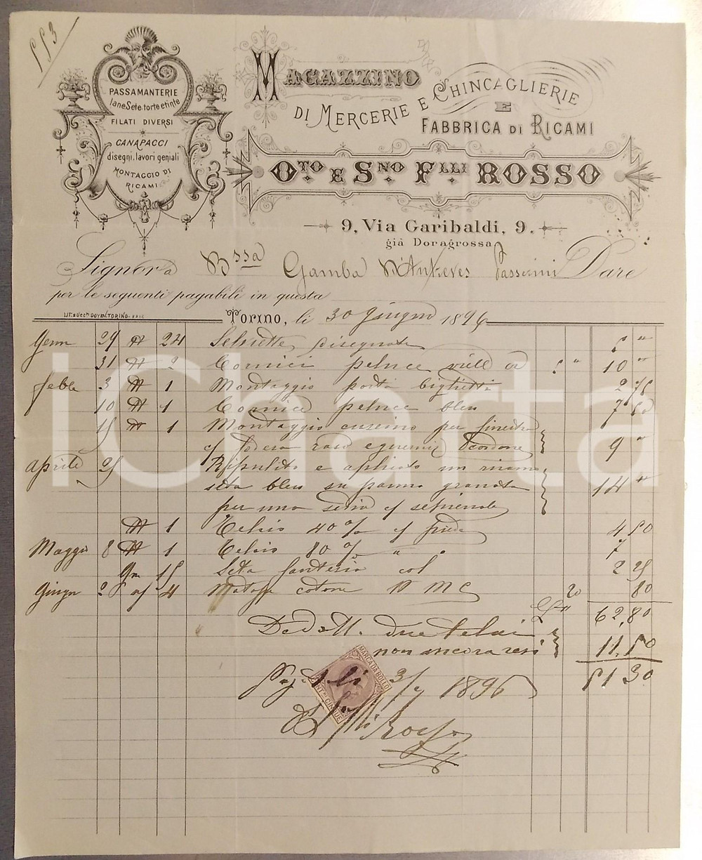 Documento originale, autentico 1896 TORINO Via Garibaldi  F.lli ROSSO Magazzino di mercerie Fattura intestata 1