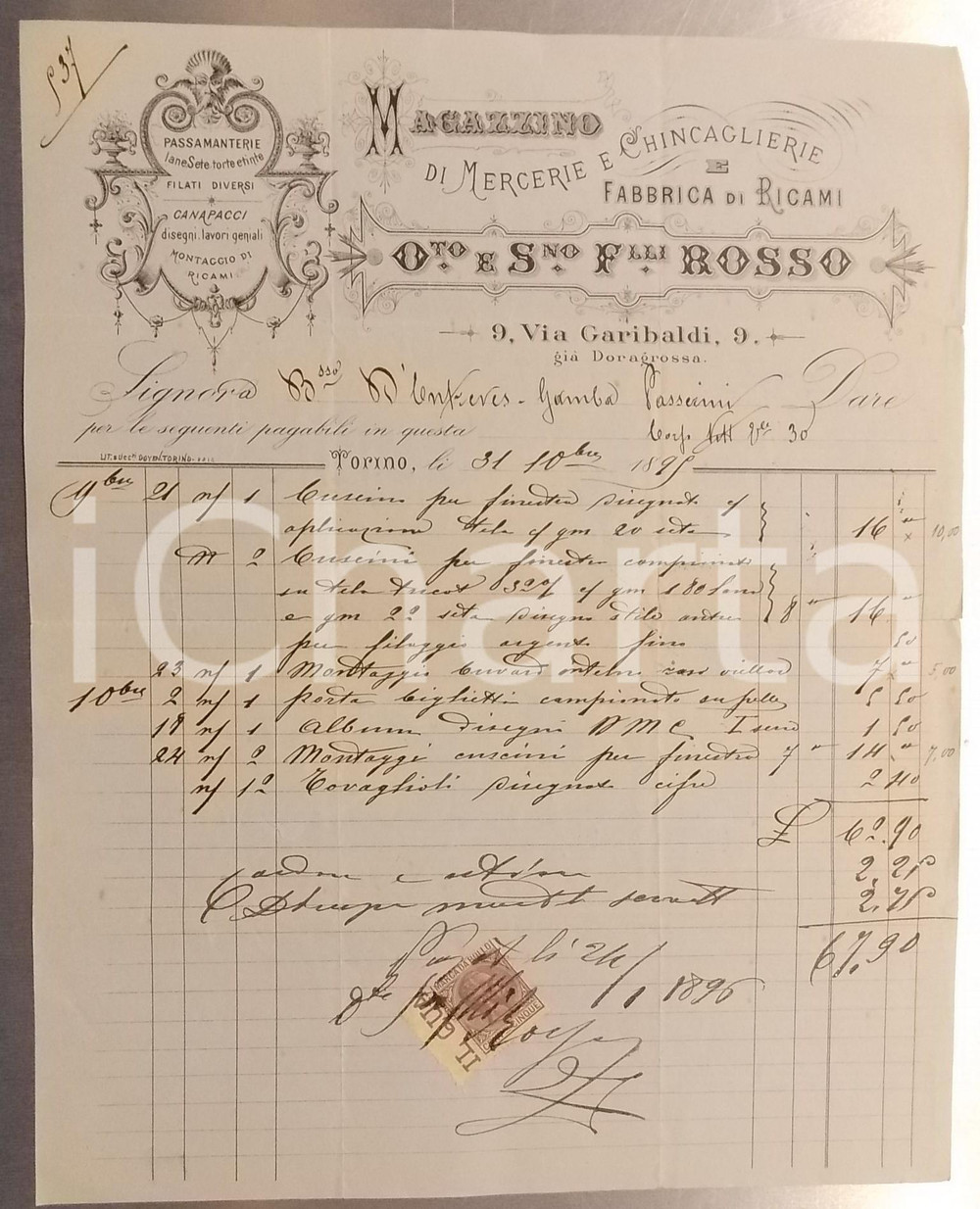 Documento originale, autentico 1896 TORINO Via Garibaldi  F.lli ROSSO Fabbrica di ricami Fattura intestata 1