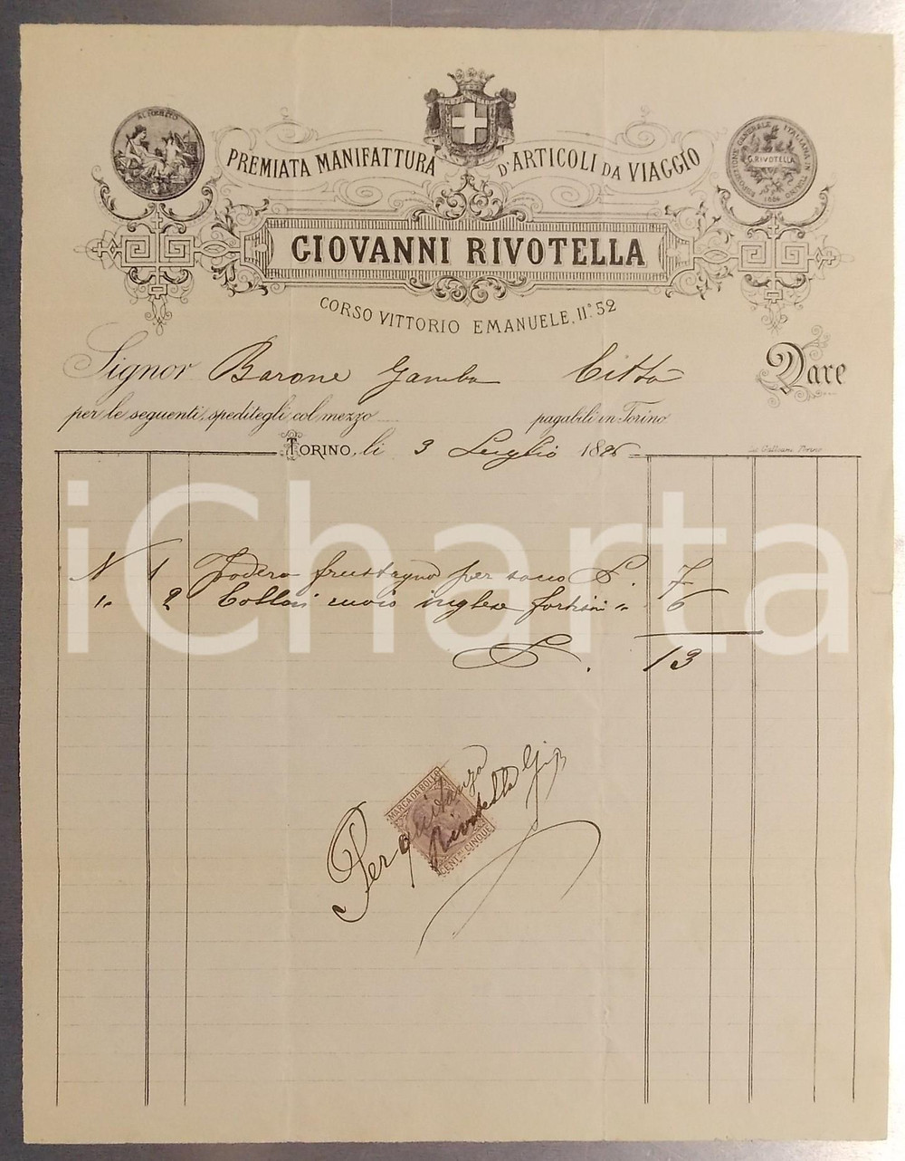 Documento originale, autentico 1896 TORINO Giovanni RIVOLTELLA Articoli da viaggio Fattura intestata con marca 1