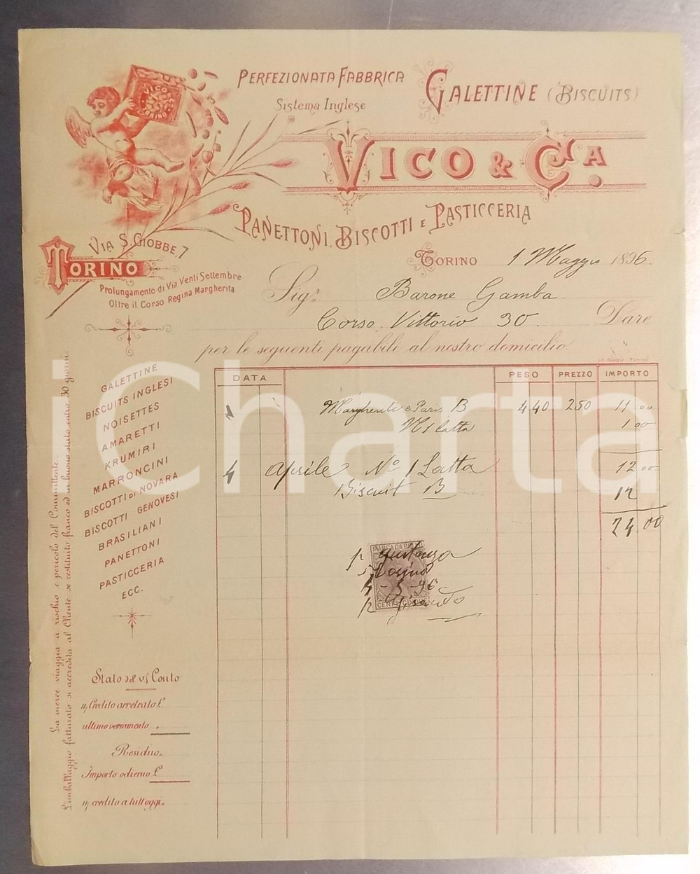 1896 TORINO Via San Giobbe - Fabbrica VICO - Panettoni e pasticceria *Fattura Fattura su carta intestata, con marca da bollo.CONDIZIONI: FAIR (piegature d'epoca)FORMATO: 23x29 cm      originale e autentica 1