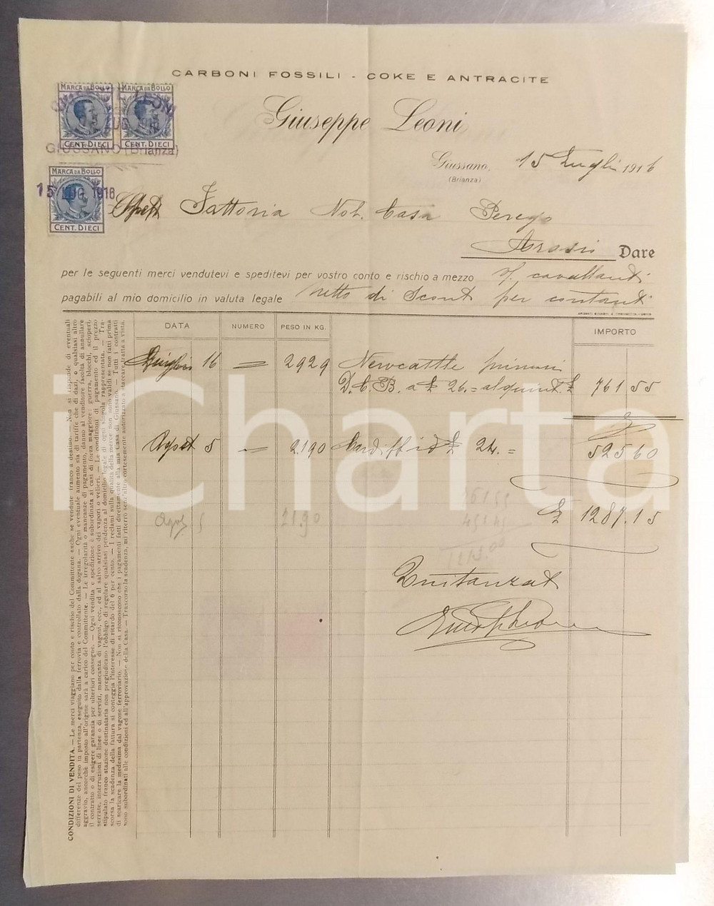 1926 GIUSSANO Giuseppe LEONI Carboni fossili *Fattura intestata con marche  Fattura su velina intestata, con marche da bollo.CONDIZIONI: FAIR (piegature d'epoca)FORMATO: 23x29 cm      originale e autentica 1