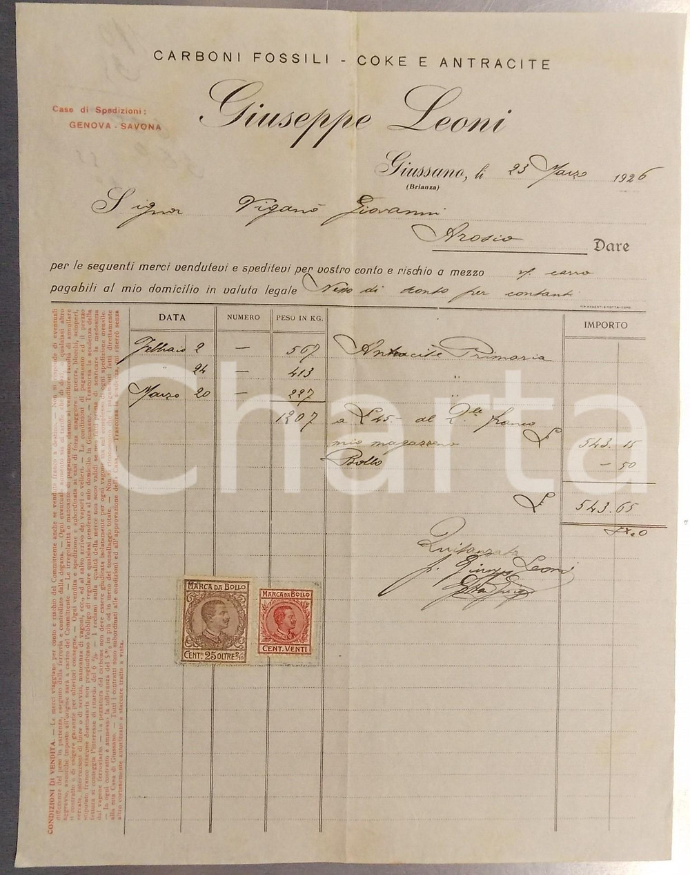 Documento originale, autentico 1926 GIUSSANO Giuseppe LEONI Carboni fossili Fattura su carta intestata 1