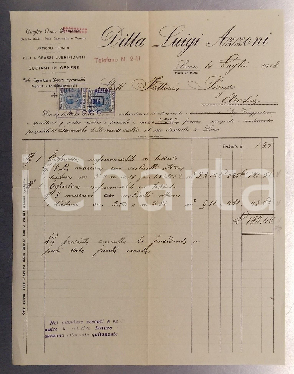 Documento originale, autentico 1916 LECCO Piazza Santa Marta  Ditta Luigi AZZONI Cinghie di cuoio Fattura 1