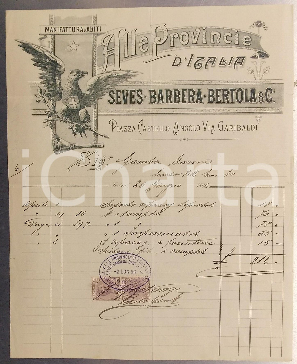 Documento originale, autentico 1896 TORINO Piazza Castello ALLE PROVINCIE D ITALIA Sartoria Fattura intestata 1