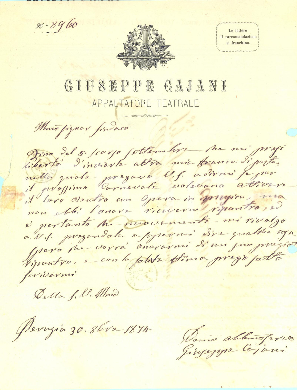 Autografo originale 1874 PERUGIA Giuseppe CAJANI appaltatore teatrale  Lettera per Carnevale 1