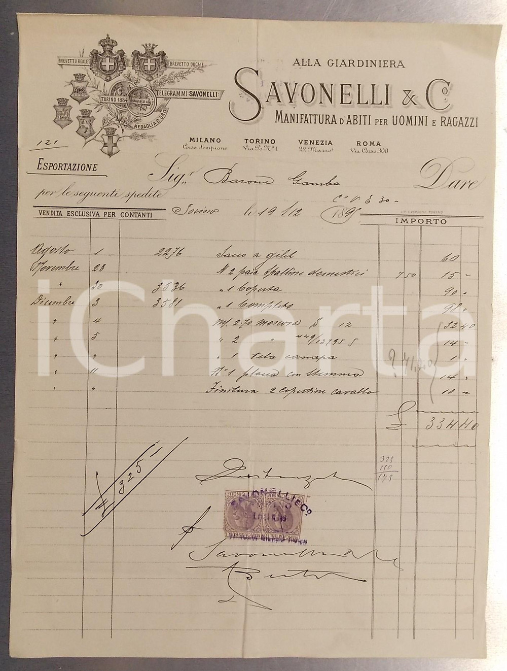 Documento originale, autentico 1896 TORINO Abbigliamento ALLA GIARDINIERA di SAVONELLI & Co. Fattura intestata 1