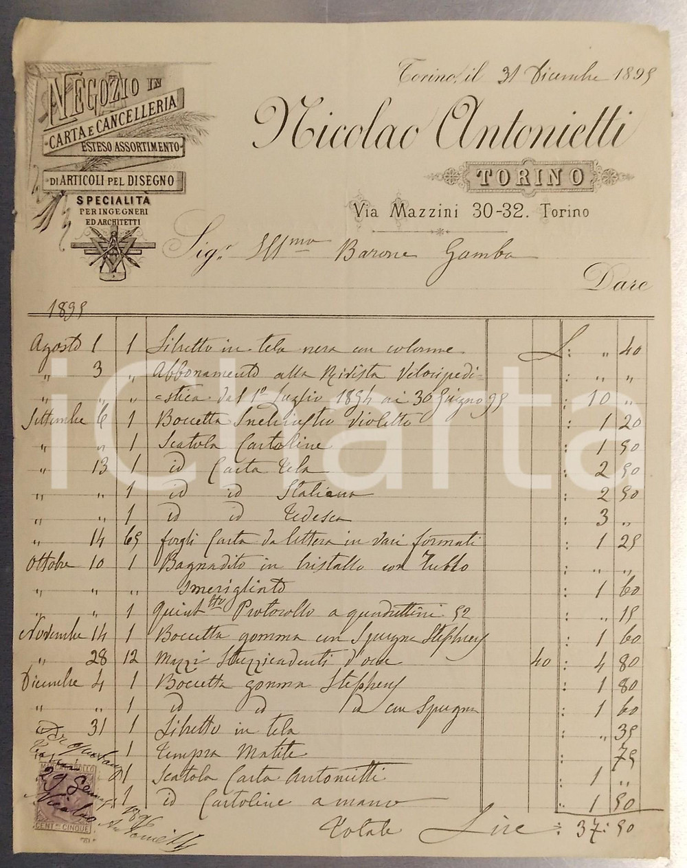 1896 TORINO Via Mazzini - Nicolao ANTONIETTI Carta e cancelleria *Fattura Fattura su carta intestata, con marca da bollo.CONDIZIONI: FAIR (piegature d'epoca e strappetti ai margini)FORMATO: 22x27 cm      originale e autentica 1