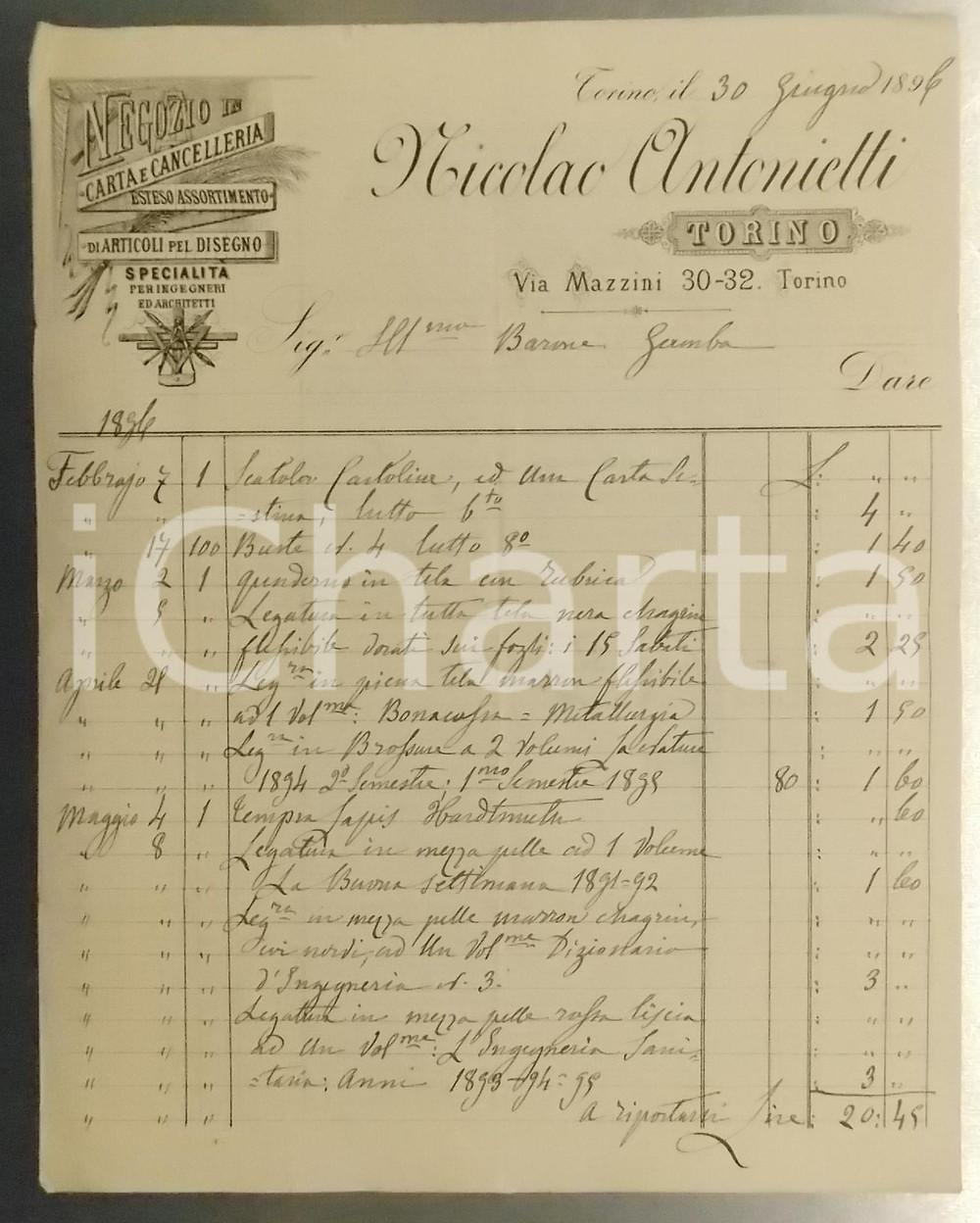1896 TORINO Via Mazzini - Nicolao ANTONIETTI Carta e cancelleria - Fattura Fattura su carta intestata, con marca da bollo.CONDIZIONI: FAIR (piegature d'epoca)FORMATO: 22x27 cmPAGINE: 4 (di cui due bianche)      originale e autentica 1