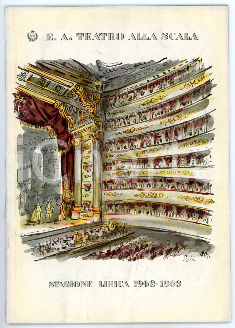 1962 MILANO TEATRO ALLA SCALA Stagione lirica 1962-63 Il diluvio - 27 pp. Rivista d'epoca con illustrazioni b/n.CONDIZIONI: FAIR (buone condizioni interne, ma lievi macchie in copertina; parziale distacco del dorso)FORMATO: 17x24 cmPAGINE: 27     originale e autentica 1