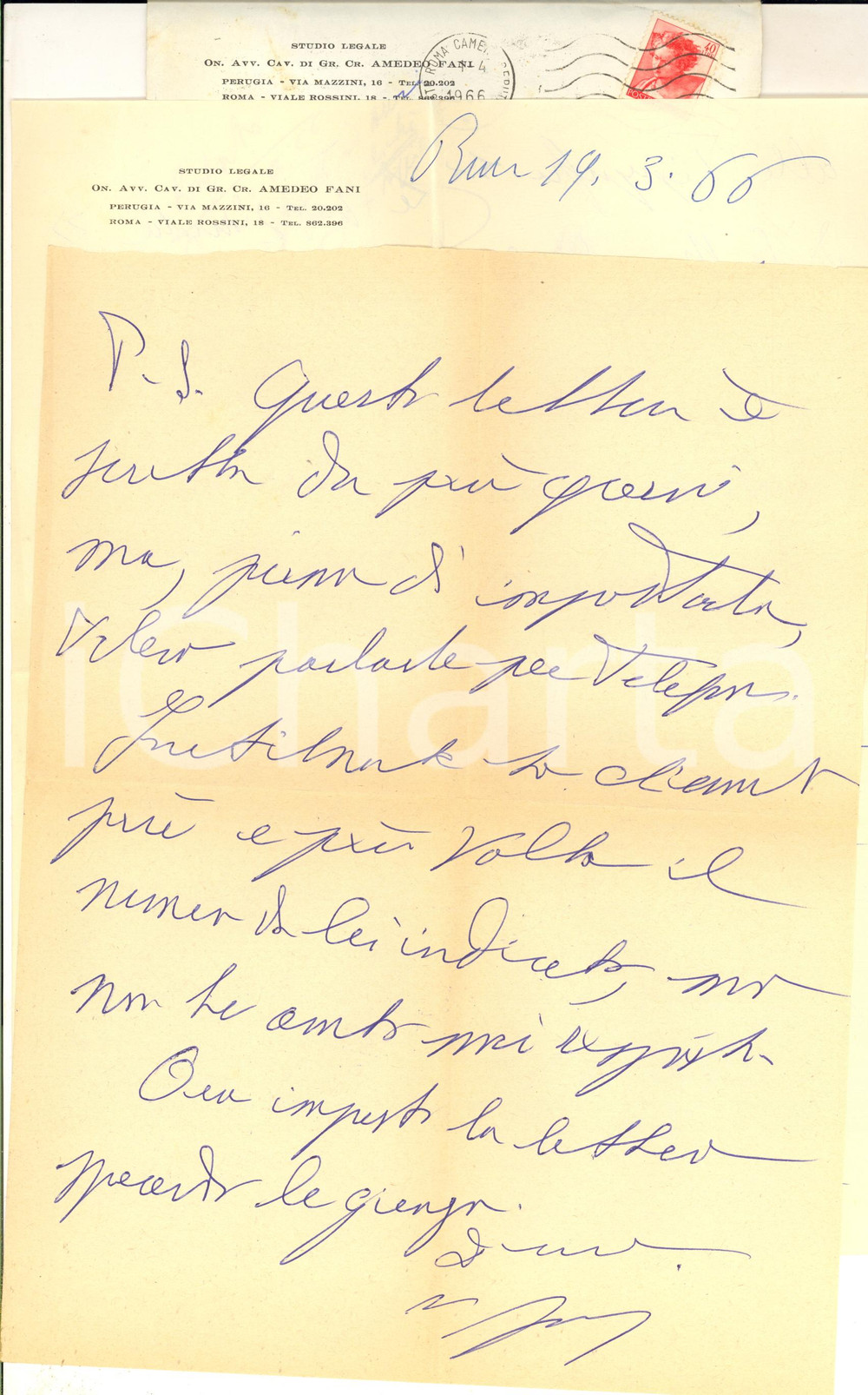 Autografo originale 1966 ROMA Lettera avv. Amedeo FANI per ringraziamento a un amico  Autografo 1