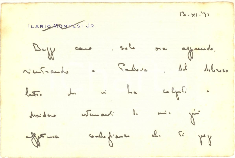 Autografo originale 1971 PADOVA Biglietto Ilario MONTESI jr per condoglianze  Autografo 1