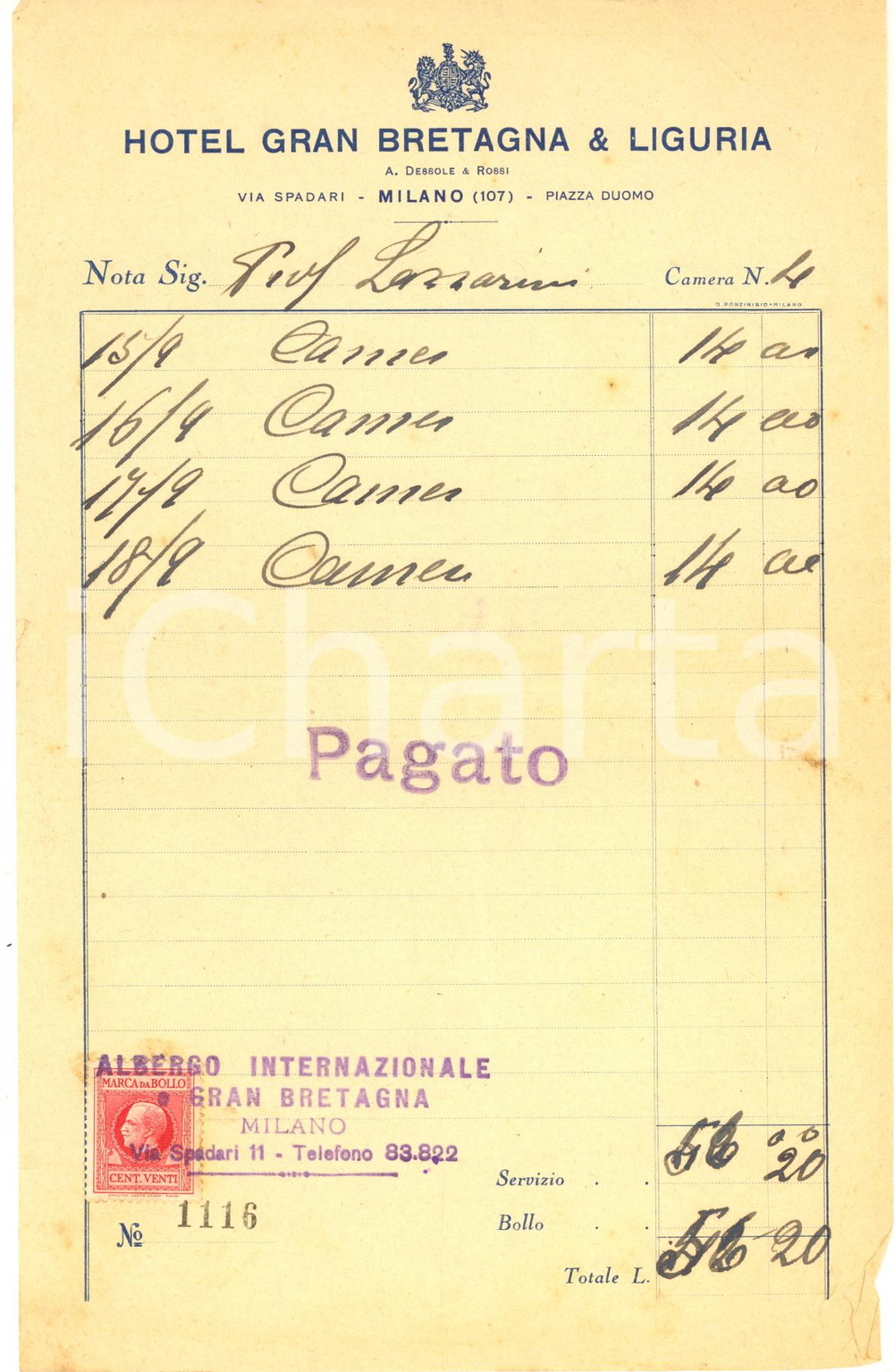 Documento originale, autentico 1930 ca MILANO via SPADARI Hotel GRAN BRETAGNA & LIGURIA  Ricevuta con bollo 1