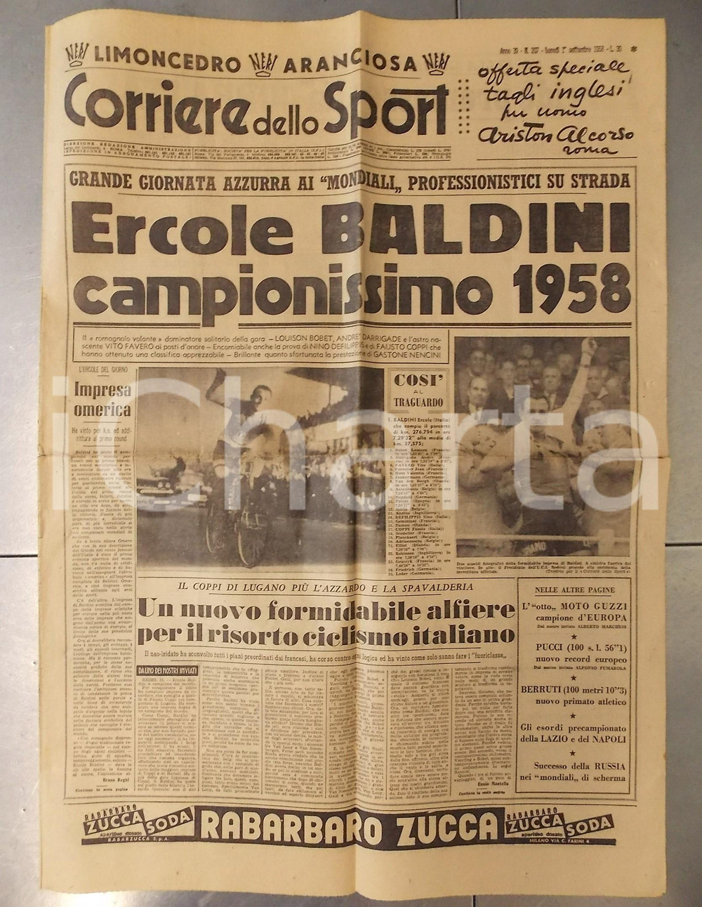 Giornale, rivista storica 1958 CORRIERE DELLO SPORT  CICLISMO  Ercole BALDINI campione del mondo 1
