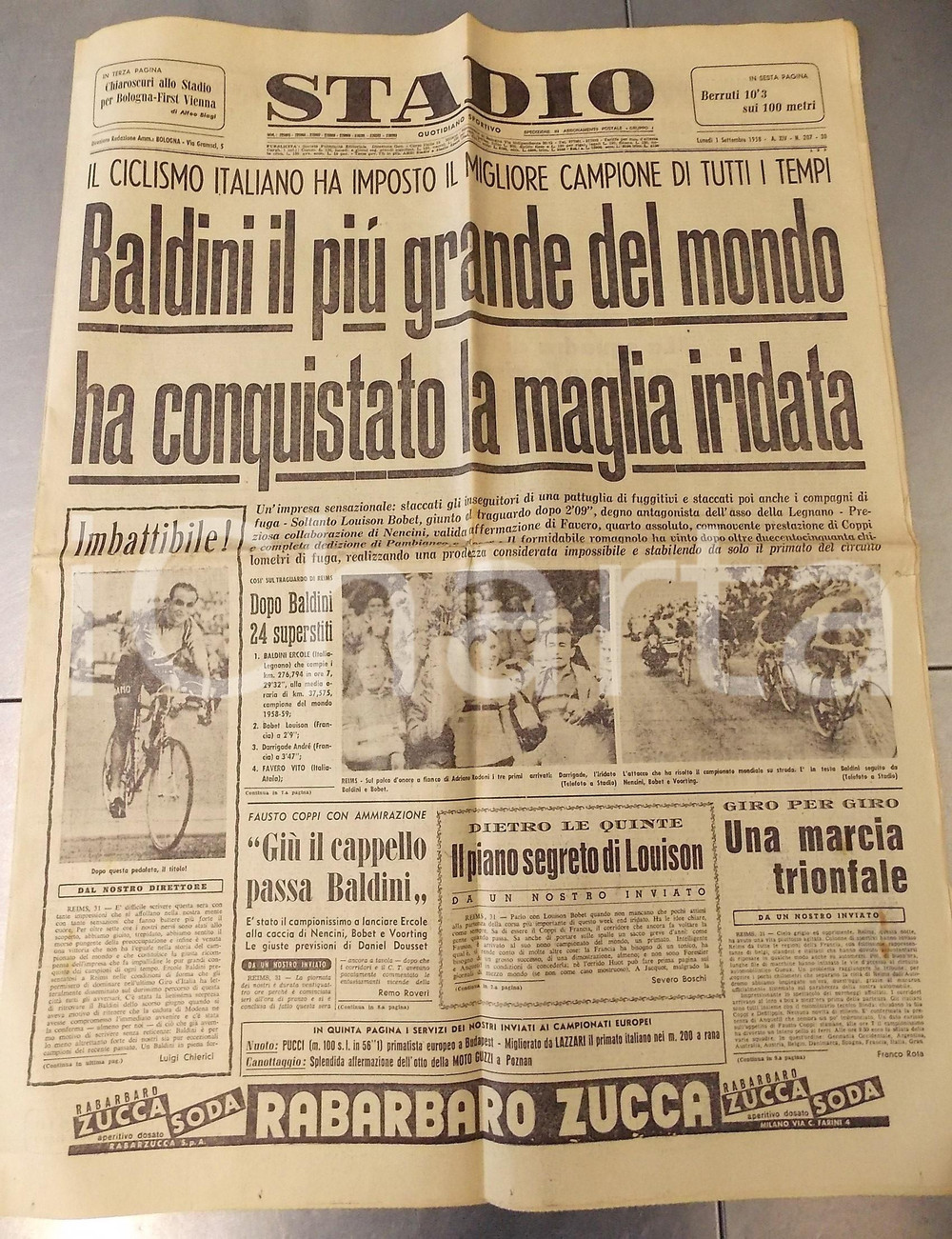 Giornale, rivista storica 1958 STADIO  CICLISMO  Ercole BALDINI campione del mondo  Giornale sportivo 1