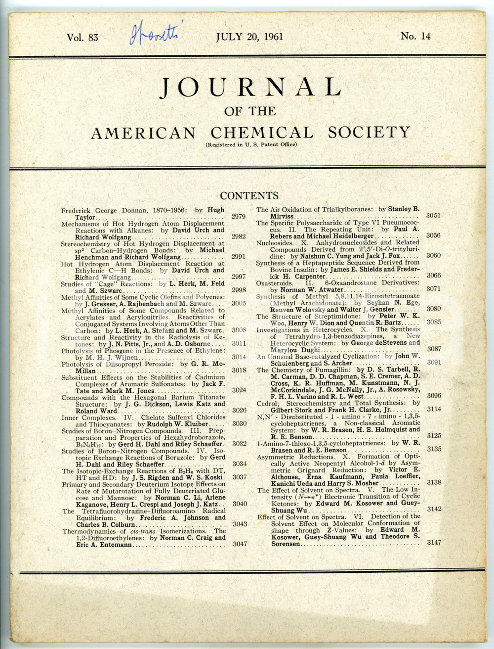 Libro, pubblicazione d epoca 1961 AMERICAN CHEMICAL SOCIETY Methyl affinities of some cyclic olefins  NÂ° 14 1