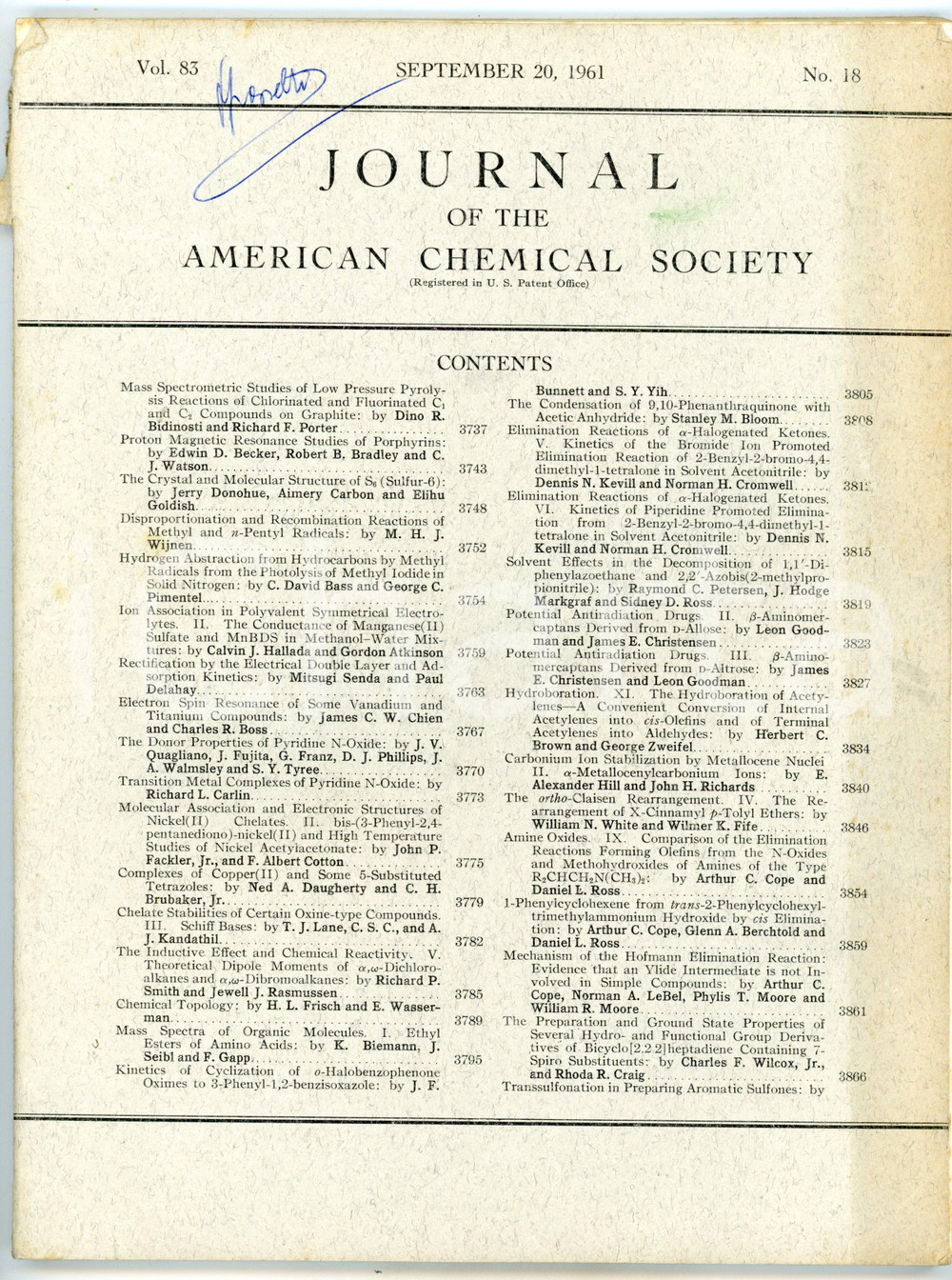 Libro, pubblicazione d epoca 1961 AMERICAN CHEMICAL SOCIETY The donor properties of pyridine Noxide  NÂ° 18 1